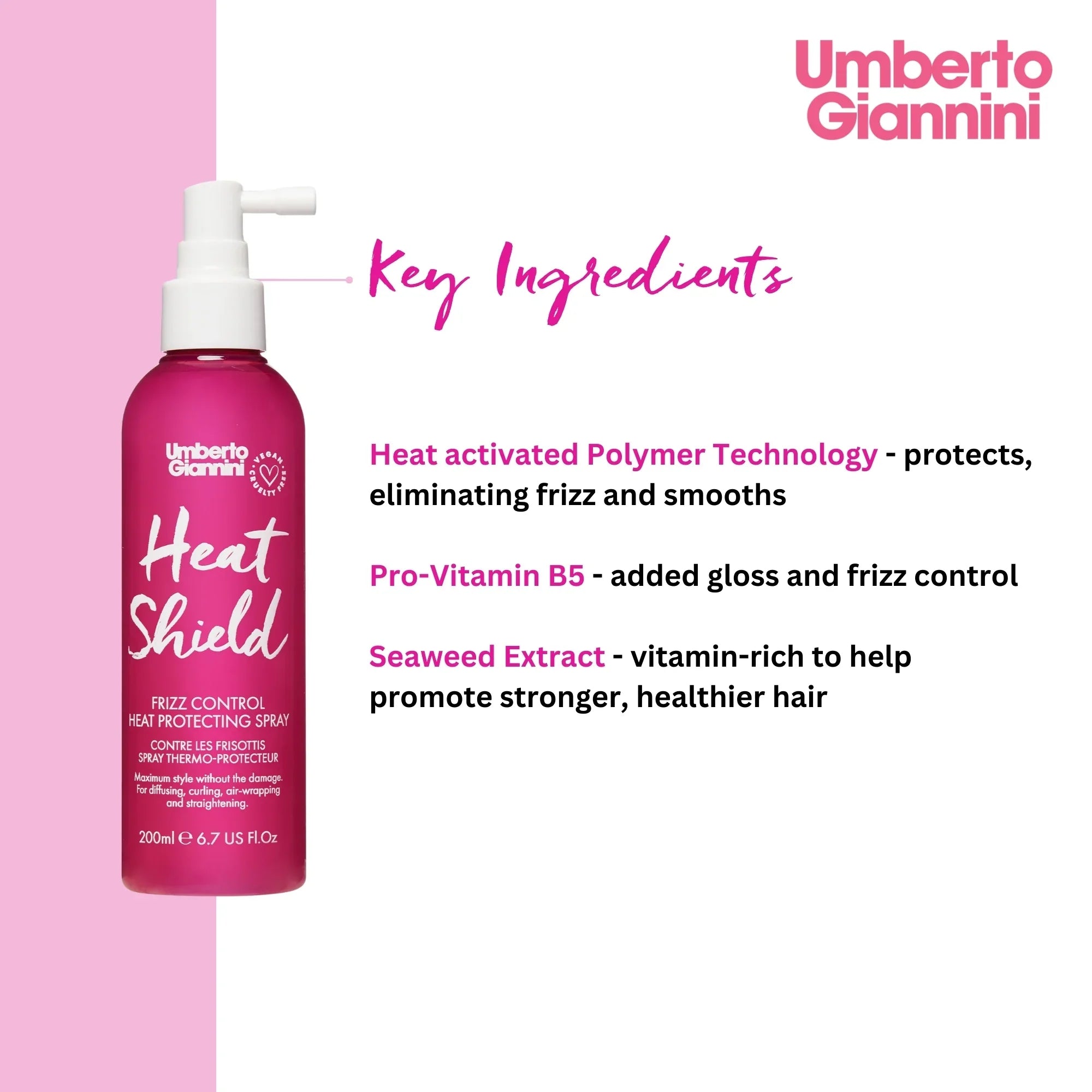 Umberto Giannini Heat Shield frizz control heat protecting spray bottle with key ingredients and benefits text on white and pink background