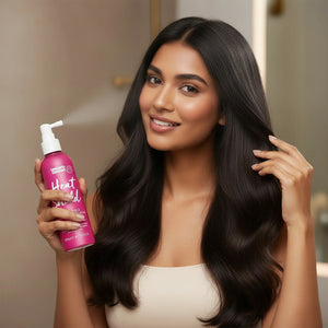 Woman with long dark hair smiling and spraying pink heat shield hair protection spray