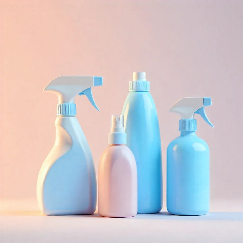 Four cleaning bottles with blue and pink colors on a gradient background