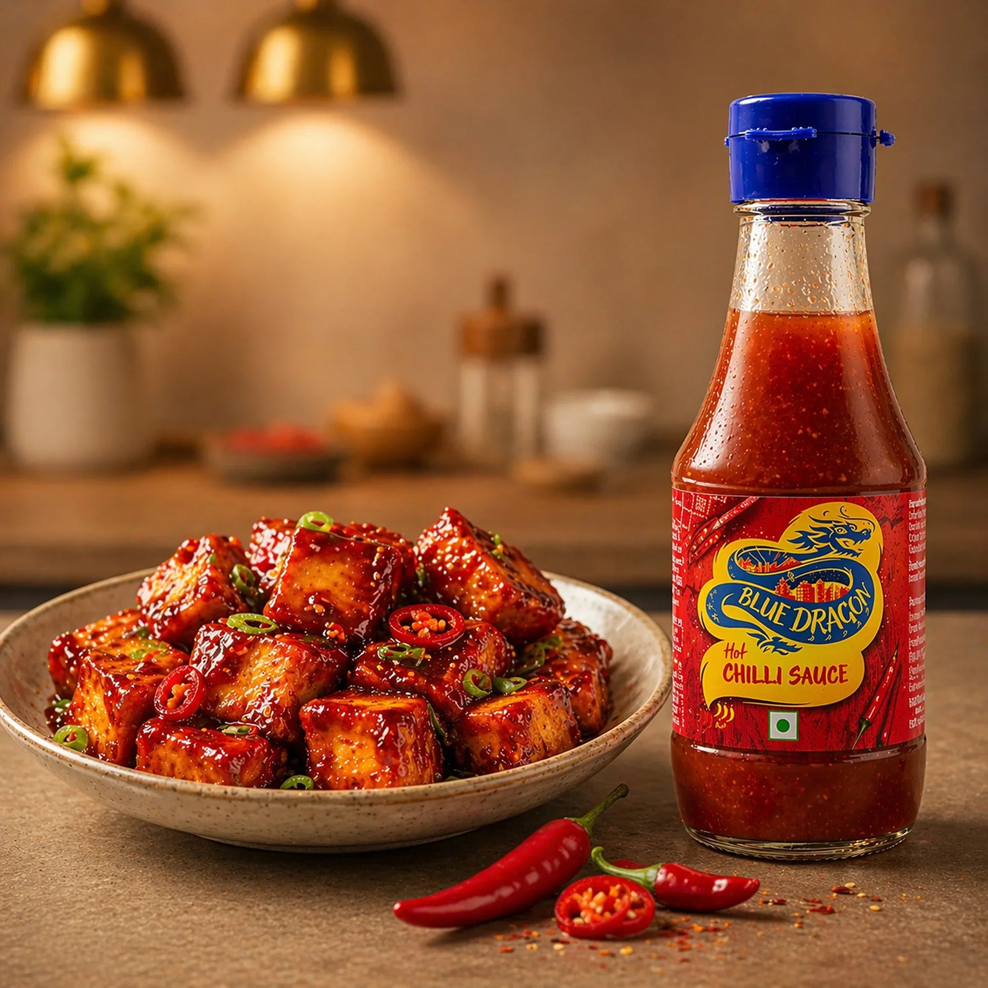 Bowl of spicy glazed tofu cubes with hot chilli sauce bottle and fresh red chilies