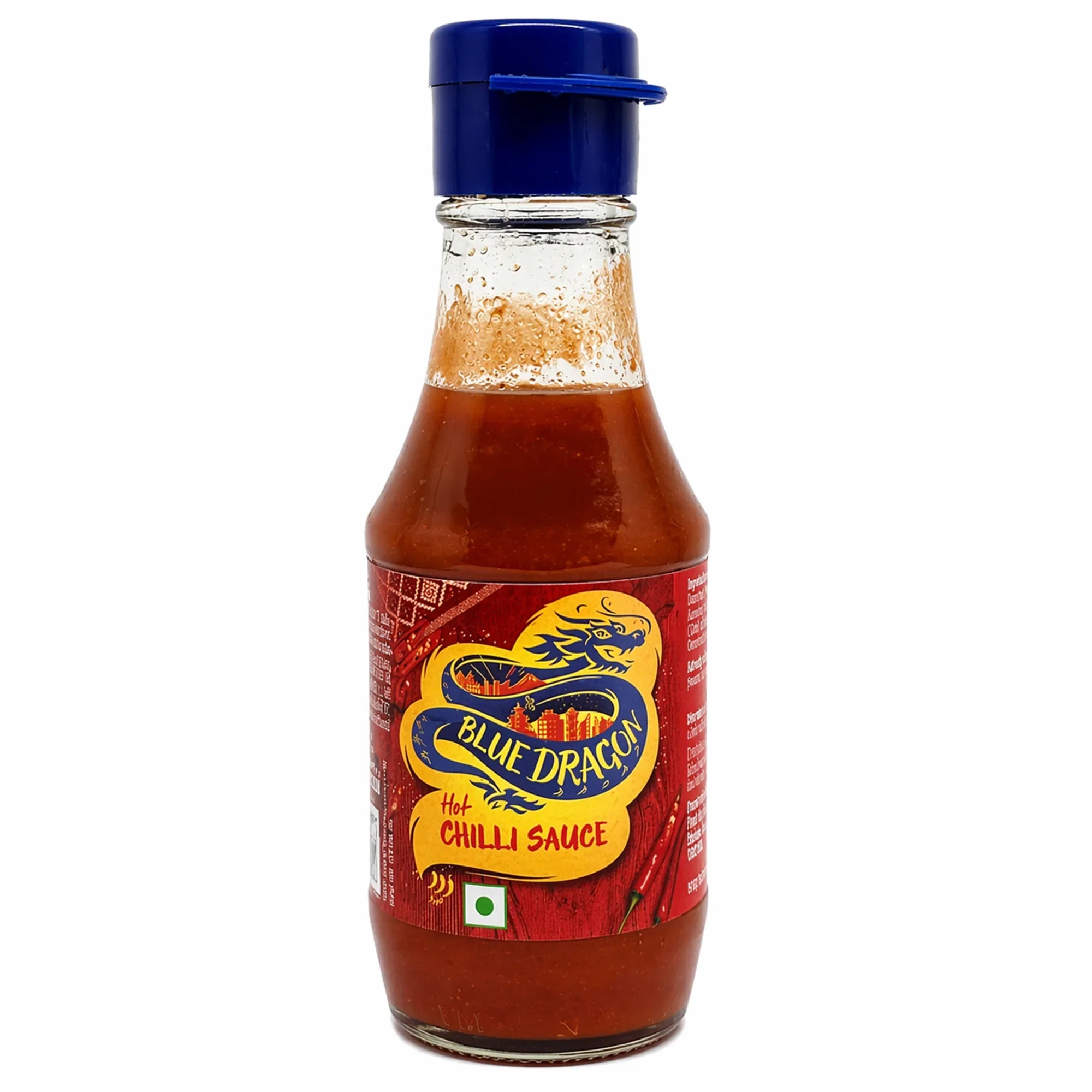 Glass bottle of Blue Dragon hot chilli sauce with red label and blue cap on white background