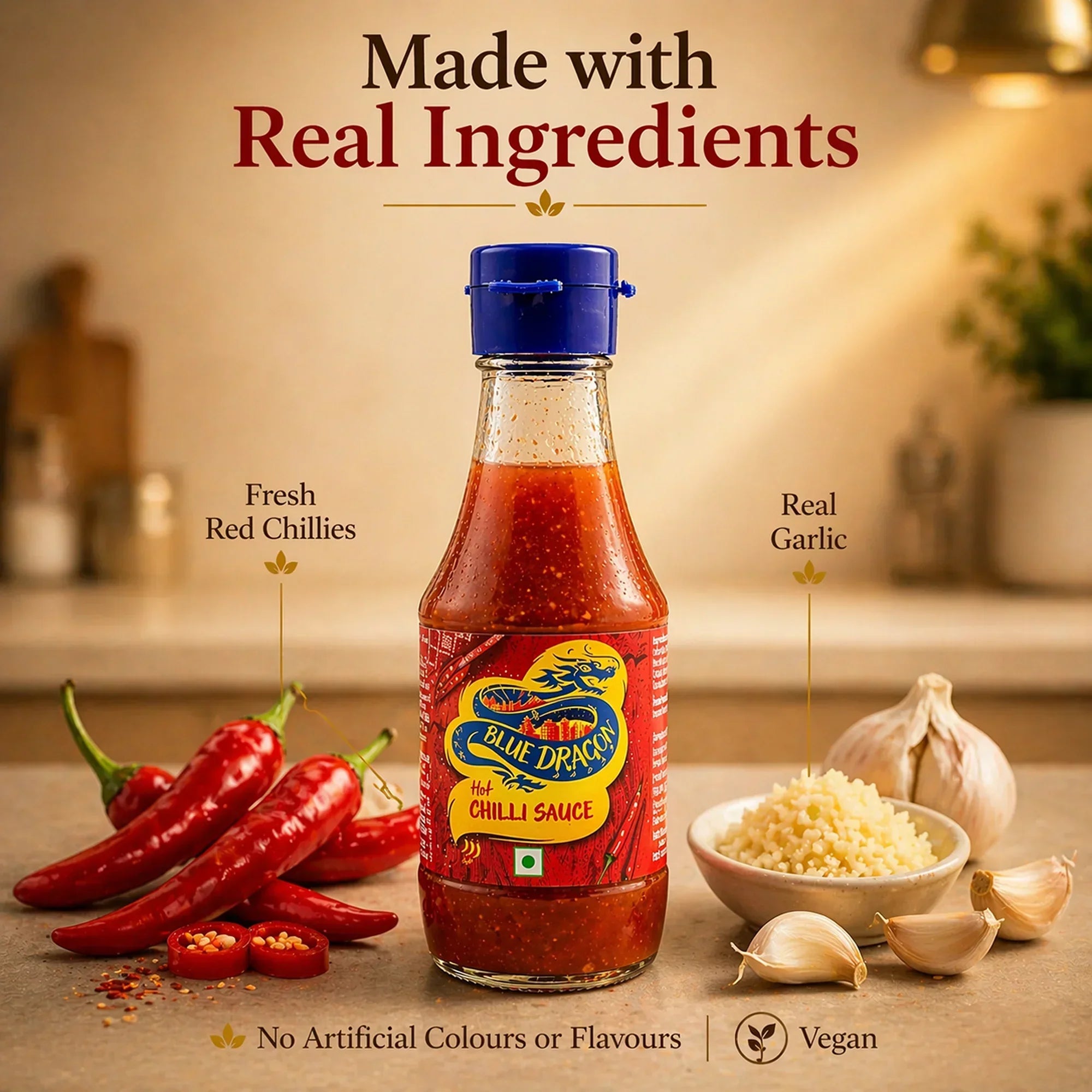 Blue Dragon hot chilli sauce bottle with fresh red chillies and garlic on kitchen counter