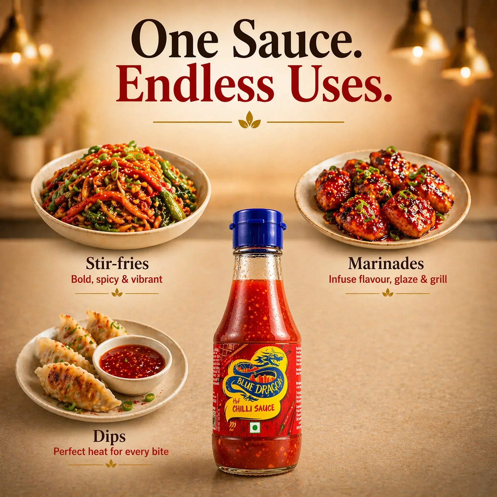 Blue Dragon Hot Chilli Sauce for stir-fries, marinades, and dips — bold, spicy flavor for endless uses