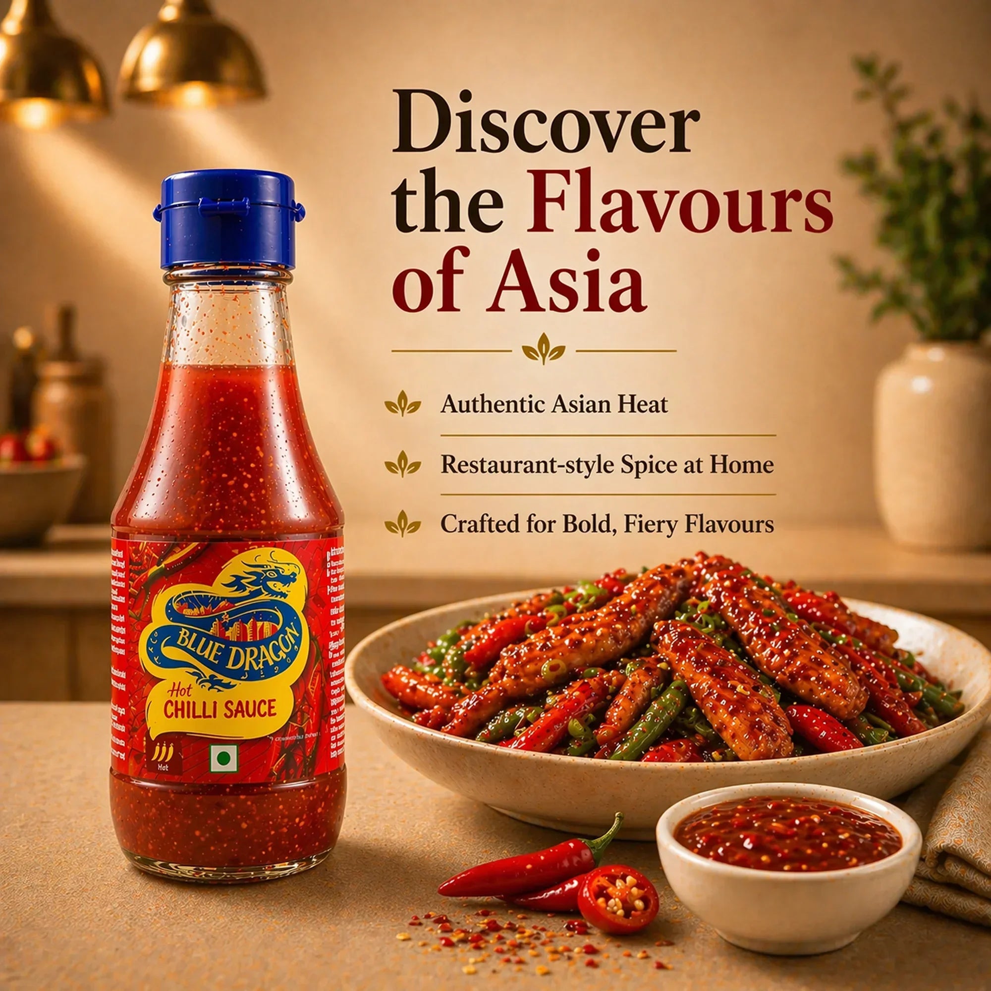 Blue Dragon Hot Chilli Sauce with spicy Asian dish, perfect for bold fiery flavors at home