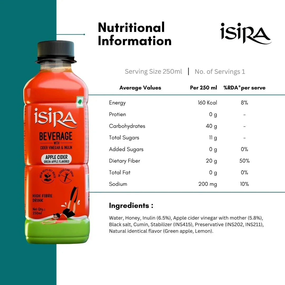Isiraa Isira Green Apple Cider Vinegar Drink 250ml | Prebiotic & High Fibre