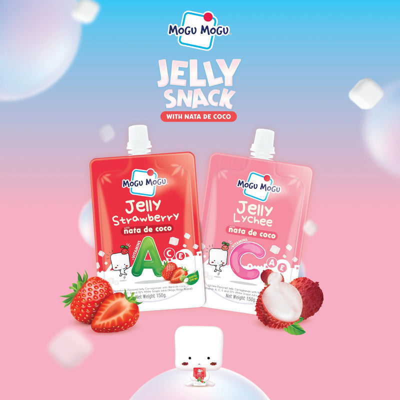 Mogu Mogu Strawberry & Lychee Jelly Snack with Nata de Coco, featuring fruity flavors and vitamins A, C, E in convenient pouches.