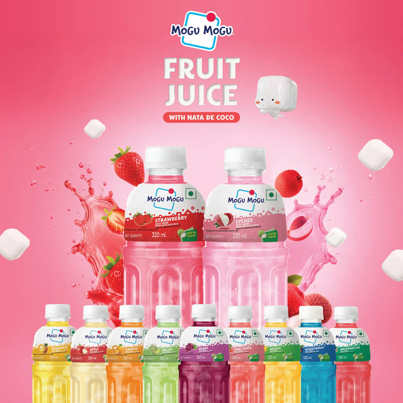 Mogu Mogu fruit juice drinks with nata de coco, featuring strawberry & lychee flavors, 320ml bottles