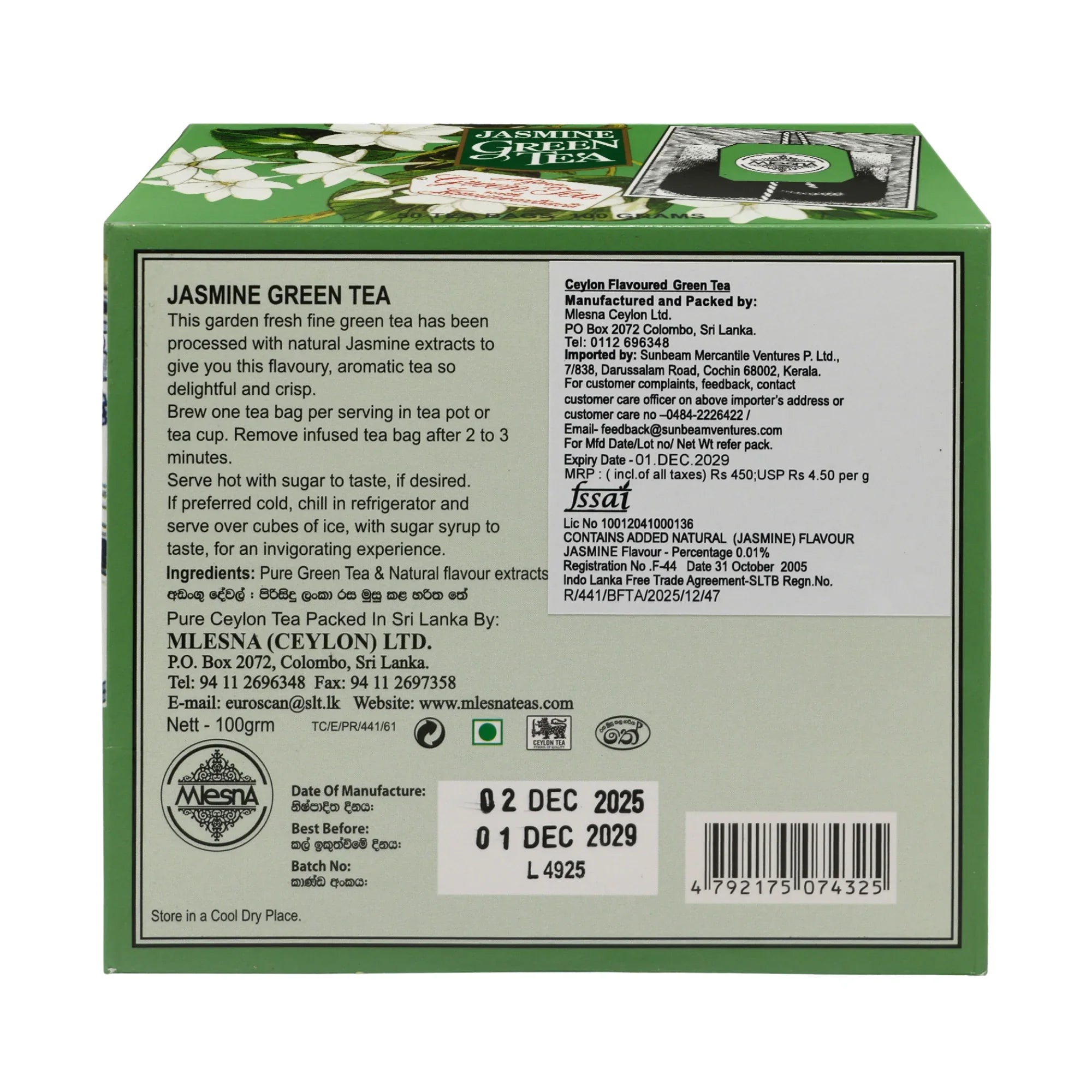 Back label of Jasmine Green Tea box with product details, ingredients, and expiry date.