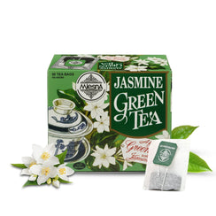 Mesna Jasmine Green Tea 50 tea bags box with jasmine flowers and a tea bag on white background