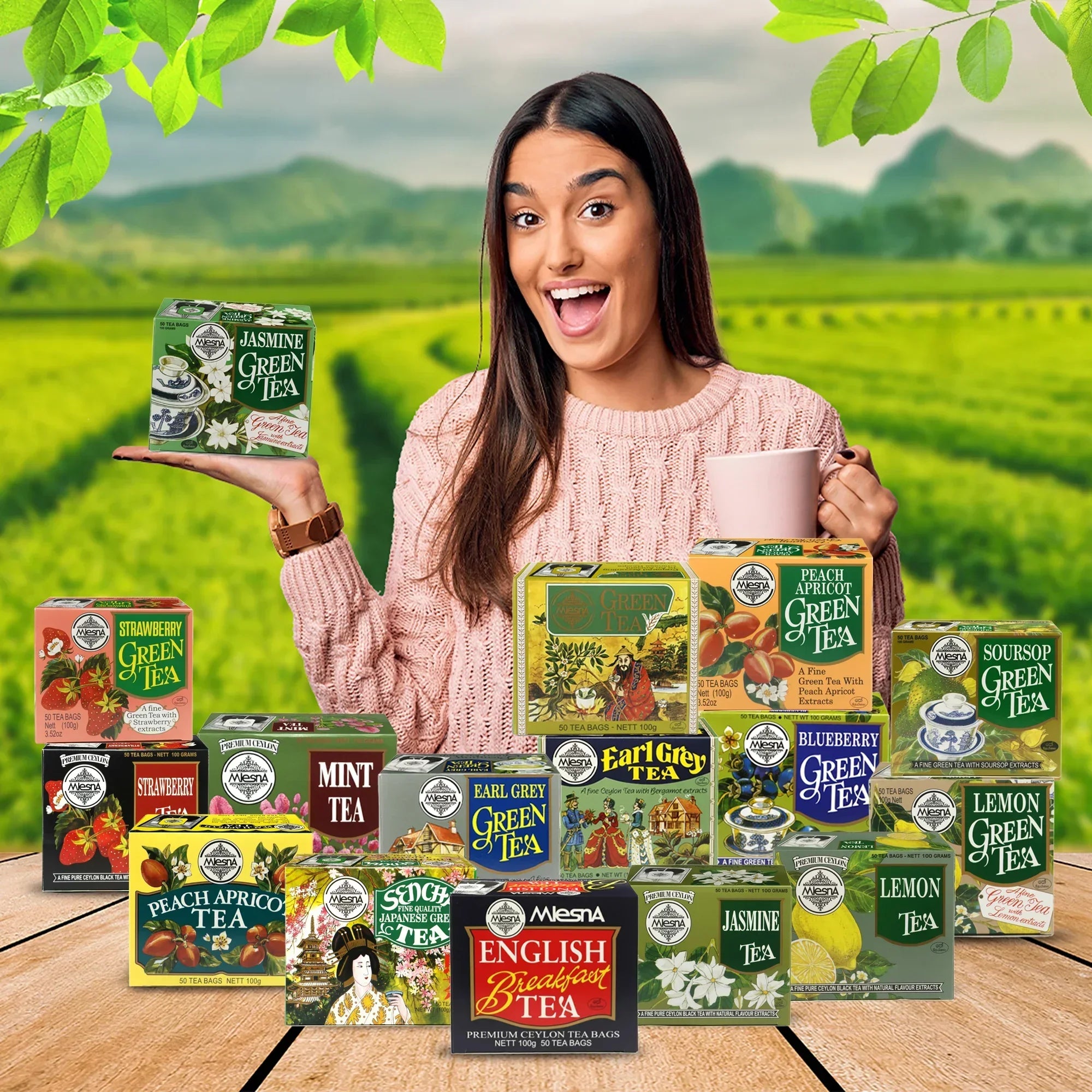 Woman holding a box of jasmine green tea with assorted tea boxes in a tea plantation setting