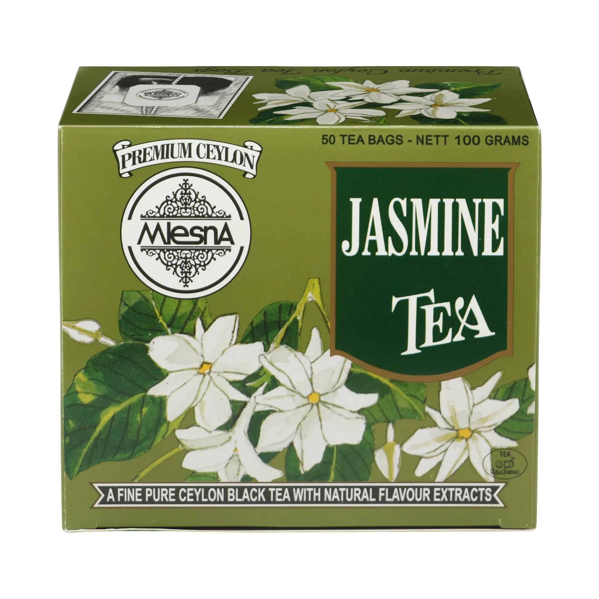 Green box of jasmine tea with white jasmine flowers and text reading 'Jasmine Tea', 100g.