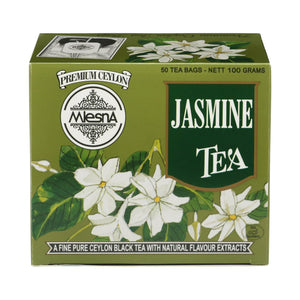 Green box of jasmine tea with white jasmine flowers and text reading 'Jasmine Tea', 100g.