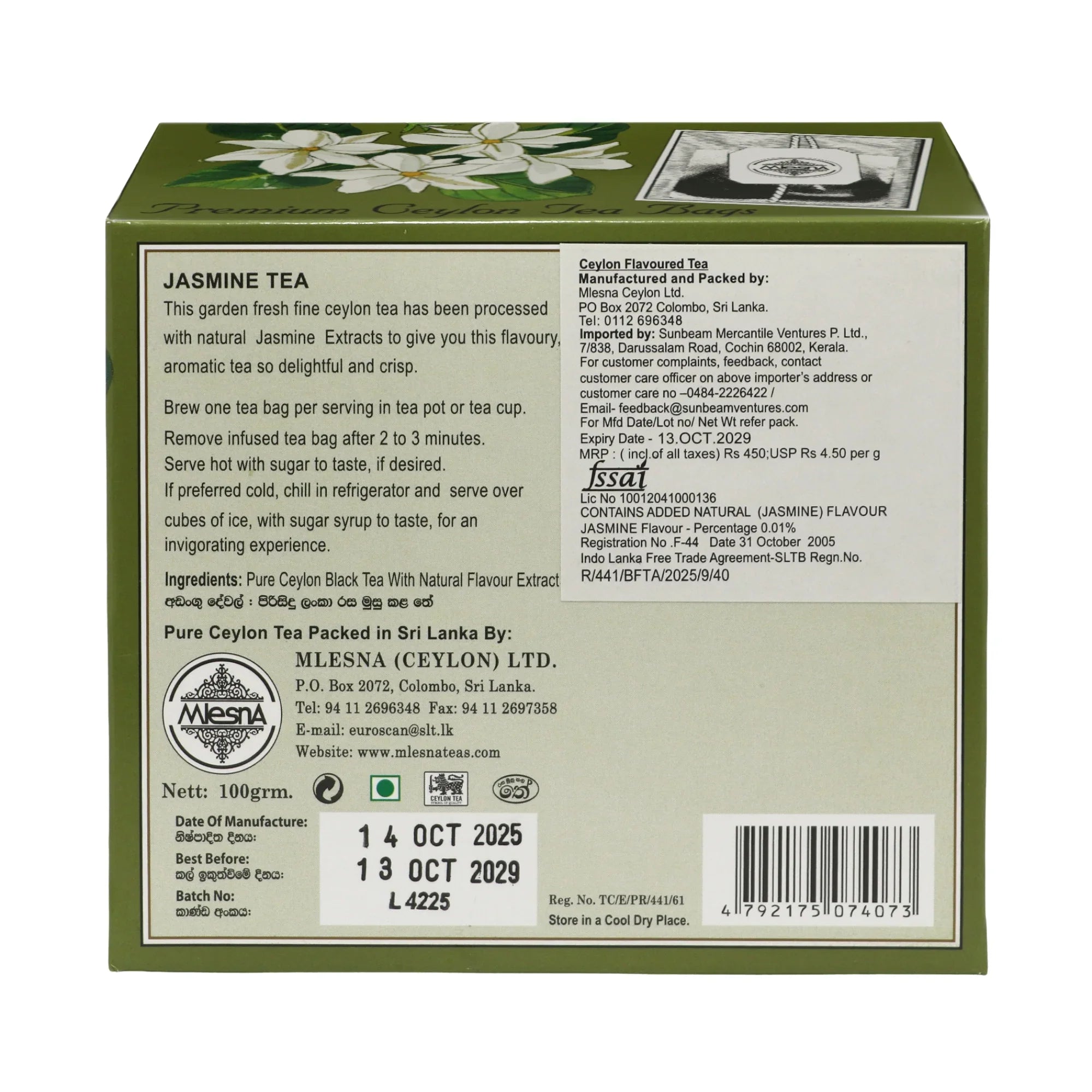 Back view of a green Jasmine tea box with product details, ingredients, and floral design