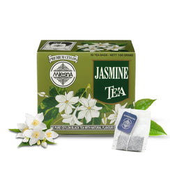 Jasmine tea box with floral design, tea bags, and fresh jasmine flowers