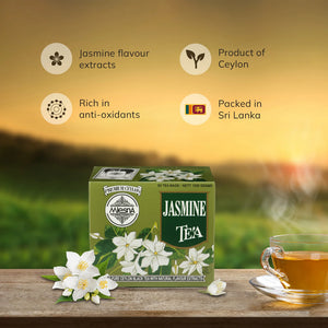 Box of Ceylon jasmine tea with jasmine flowers, glass teacup, and benefits listed on background