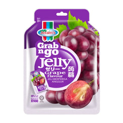 Grab and go grape flavoured jelly pouch with grape images and nutritional info