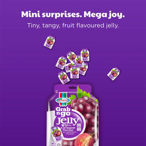 Jeram's Grab n Go grape flavoured jelly pack with mini jelly sachets on a purple background