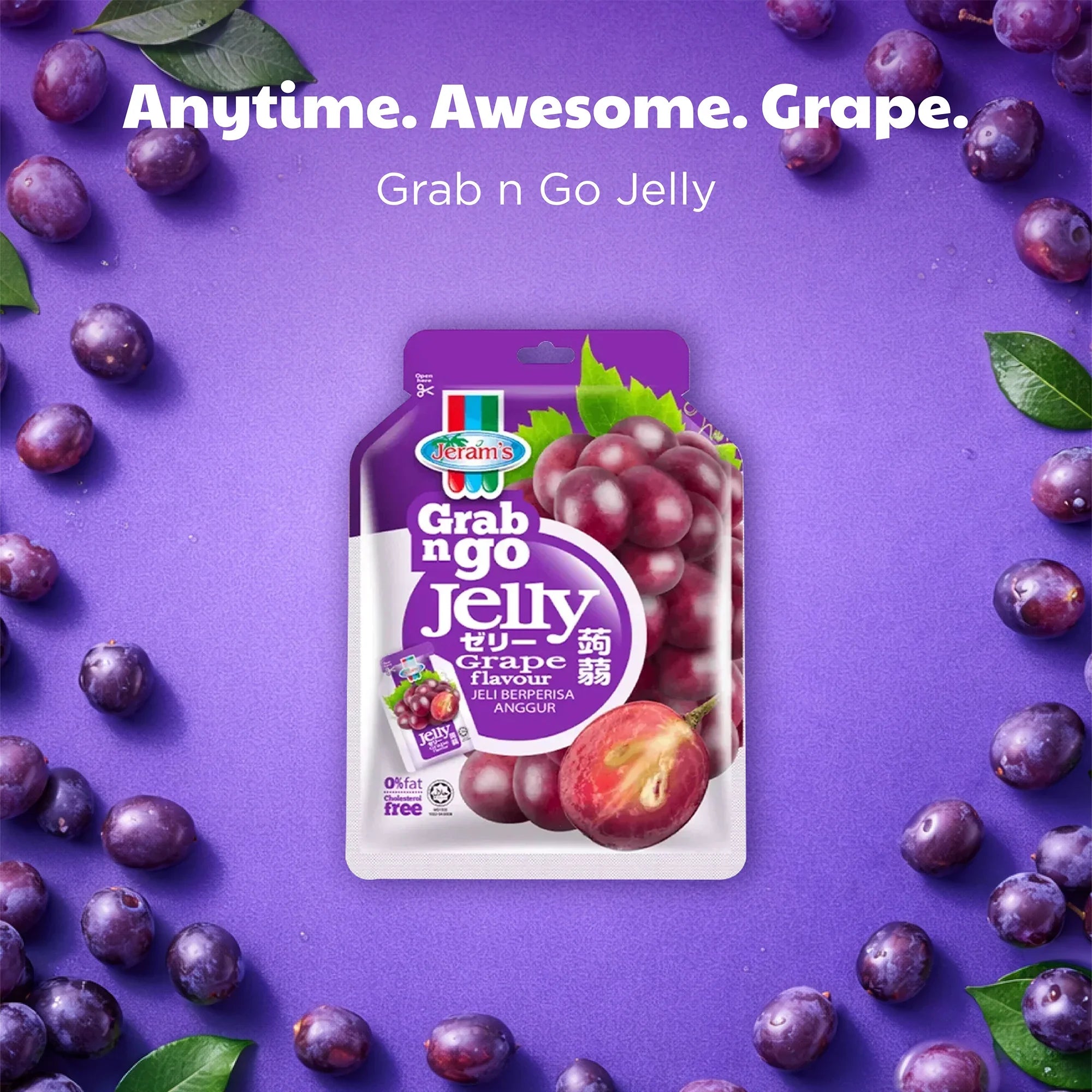 Jeram's Grab n Go Grape Flavoured Jelly pouch with fresh grapes on purple background