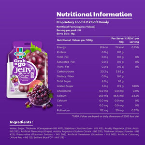 Grab n Go grape flavoured jelly pouch with nutrition facts, ingredients, and grapes on purple background