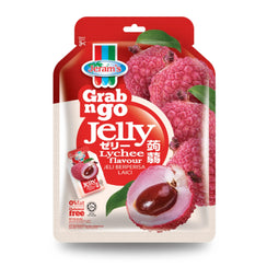 Grab n Go lychee flavoured jelly pouch with lychee fruit image on packaging, 180g, 10pcs
