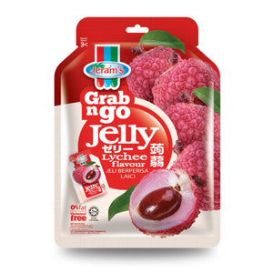 Grab n Go lychee flavoured jelly pouch with lychee fruit image on packaging, 180g, 10pcs