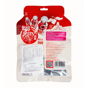Back view of Grab n Go lychee flavour jelly pouch showing product info and instructions
