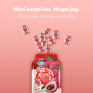 Jeram's Grab n Go Lychee Flavoured Jelly pouch with mini jelly packs on pink background
