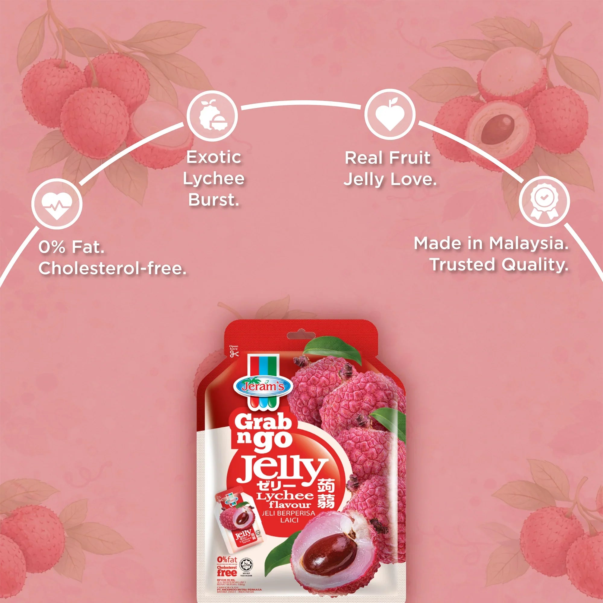 Pack of Grab n Go Lychee Flavour Jelly with lychee fruit imagery and product benefits on pink background