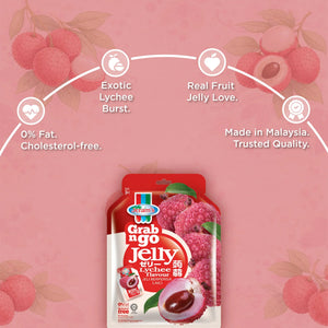 Pack of Grab n Go Lychee Flavour Jelly with lychee fruit imagery and product benefits on pink background