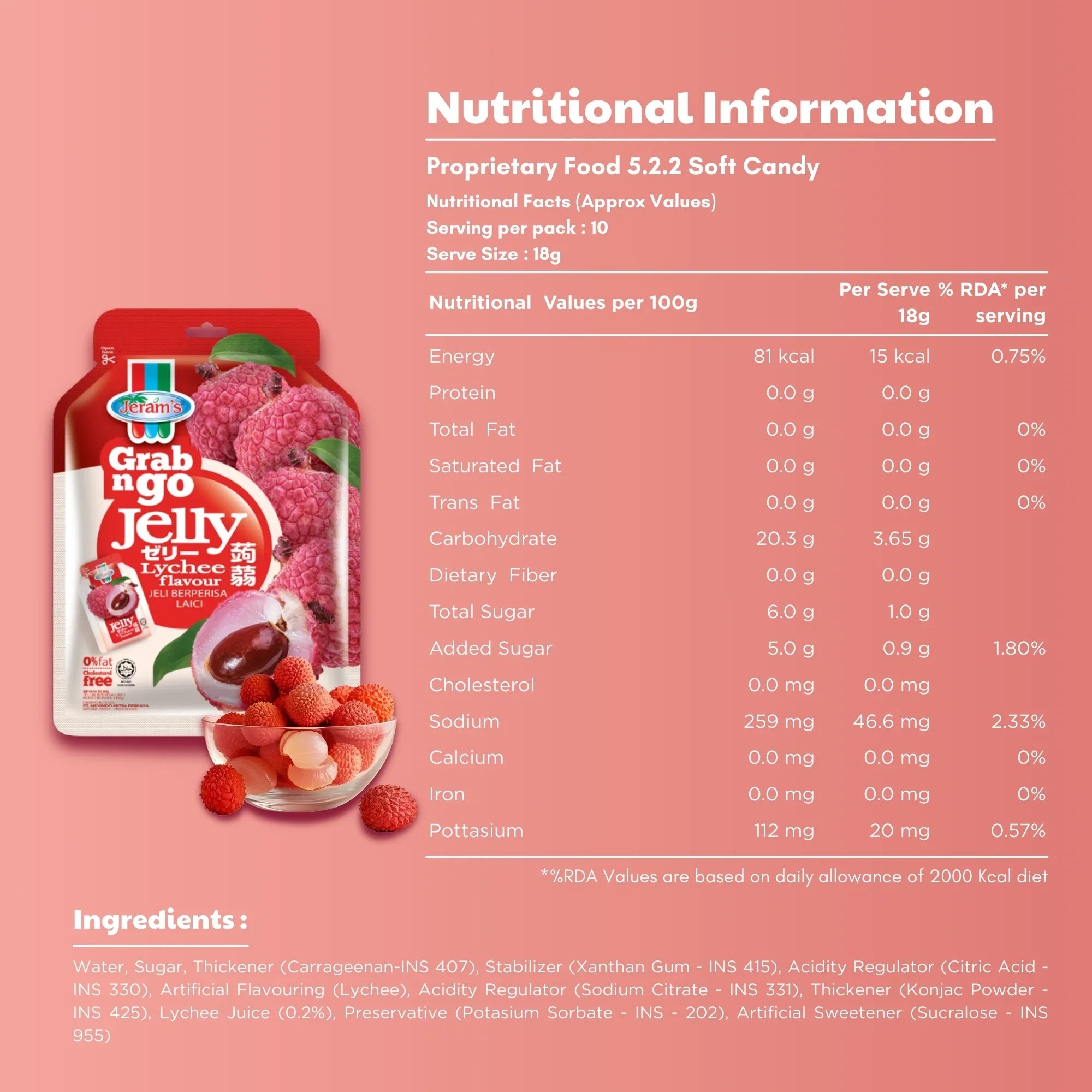 Jeram's lychee flavoured jelly pack with lychee fruits, nutritional info and ingredients list