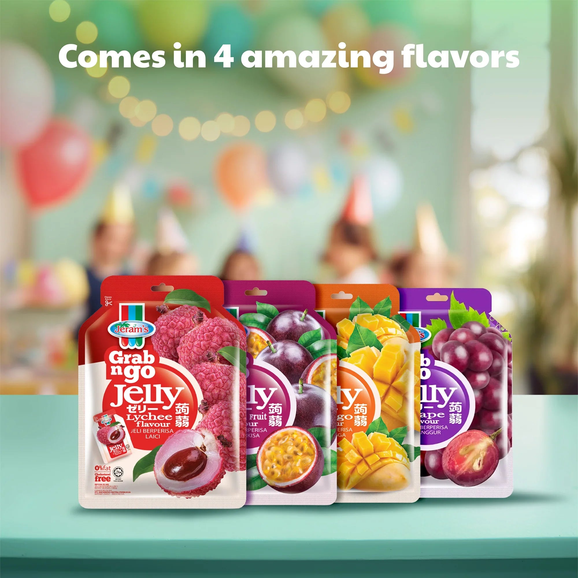 Assorted Grab n Go fruit jelly pouches in lychee, passionfruit, mango, and grape flavors