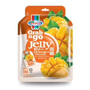Pack of Grab n Go mango flavoured jelly with mango cubes and green leaves on packaging