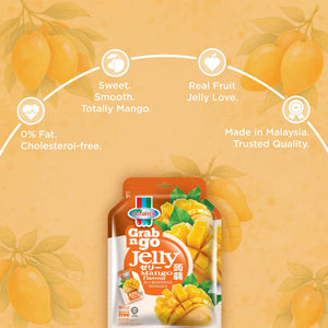 Mango flavored jelly pouch with sliced mango, product highlights, and fruit background