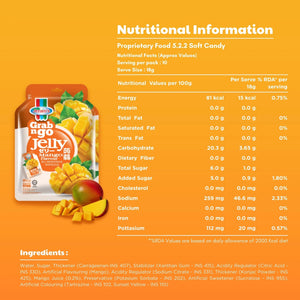 Mango flavored jelly soft candy pack with sliced mango and nutrition facts on orange background.