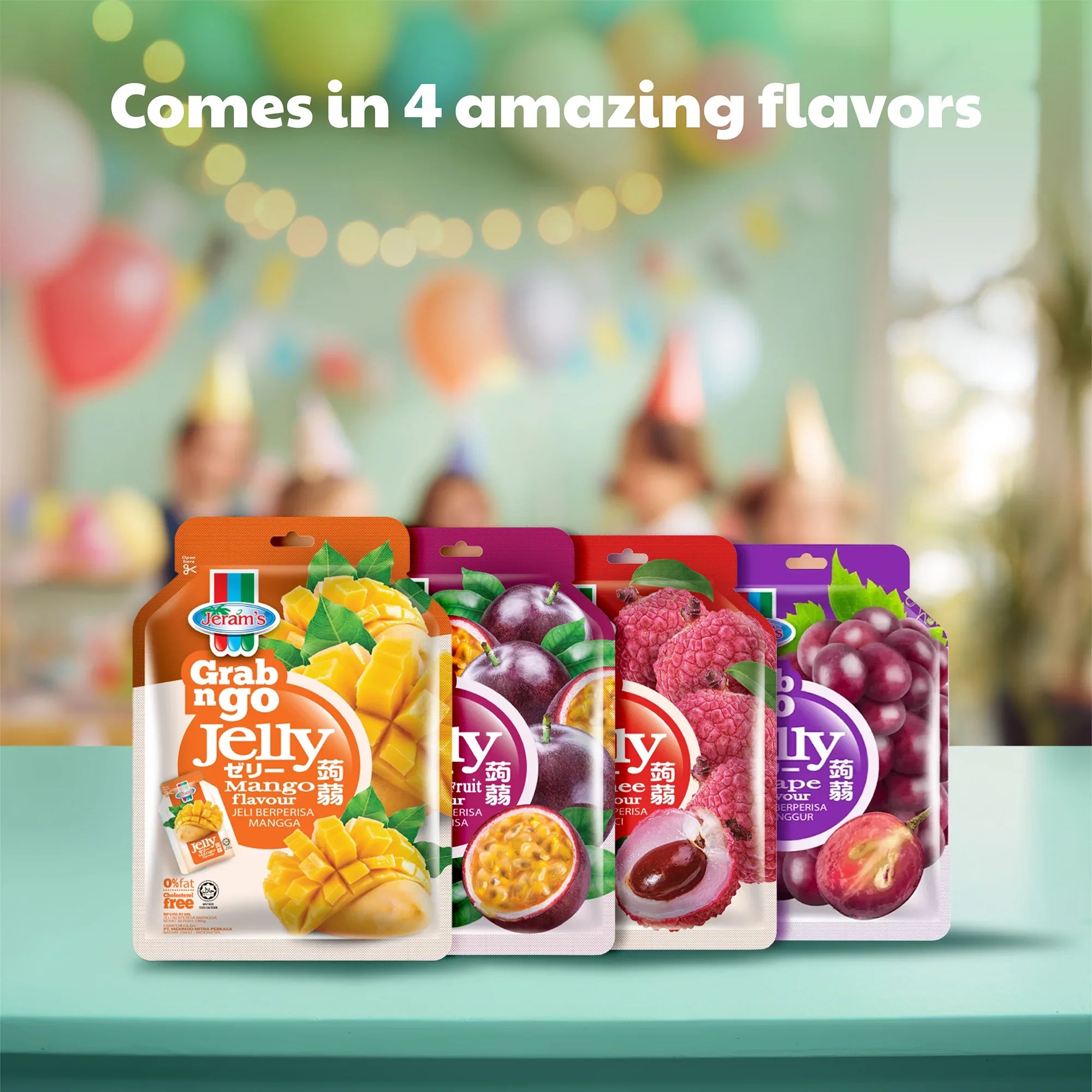 Assorted Grab n Go fruit jelly pouches in mango, passionfruit, lychee, grape flavors on a table