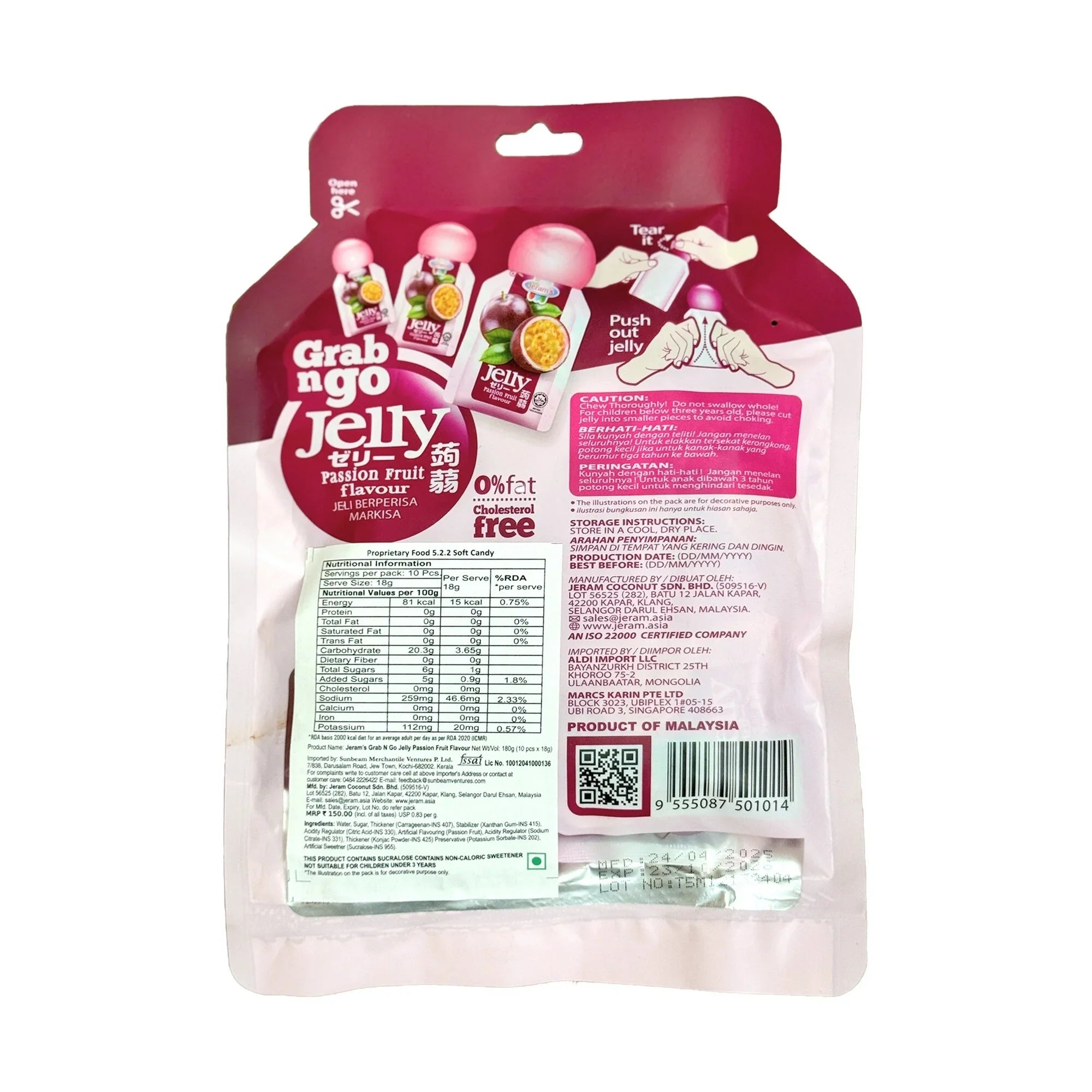 Back side of Grab n Go Passion Fruit Jelly pouch showing nutritional facts, instructions, and product images.