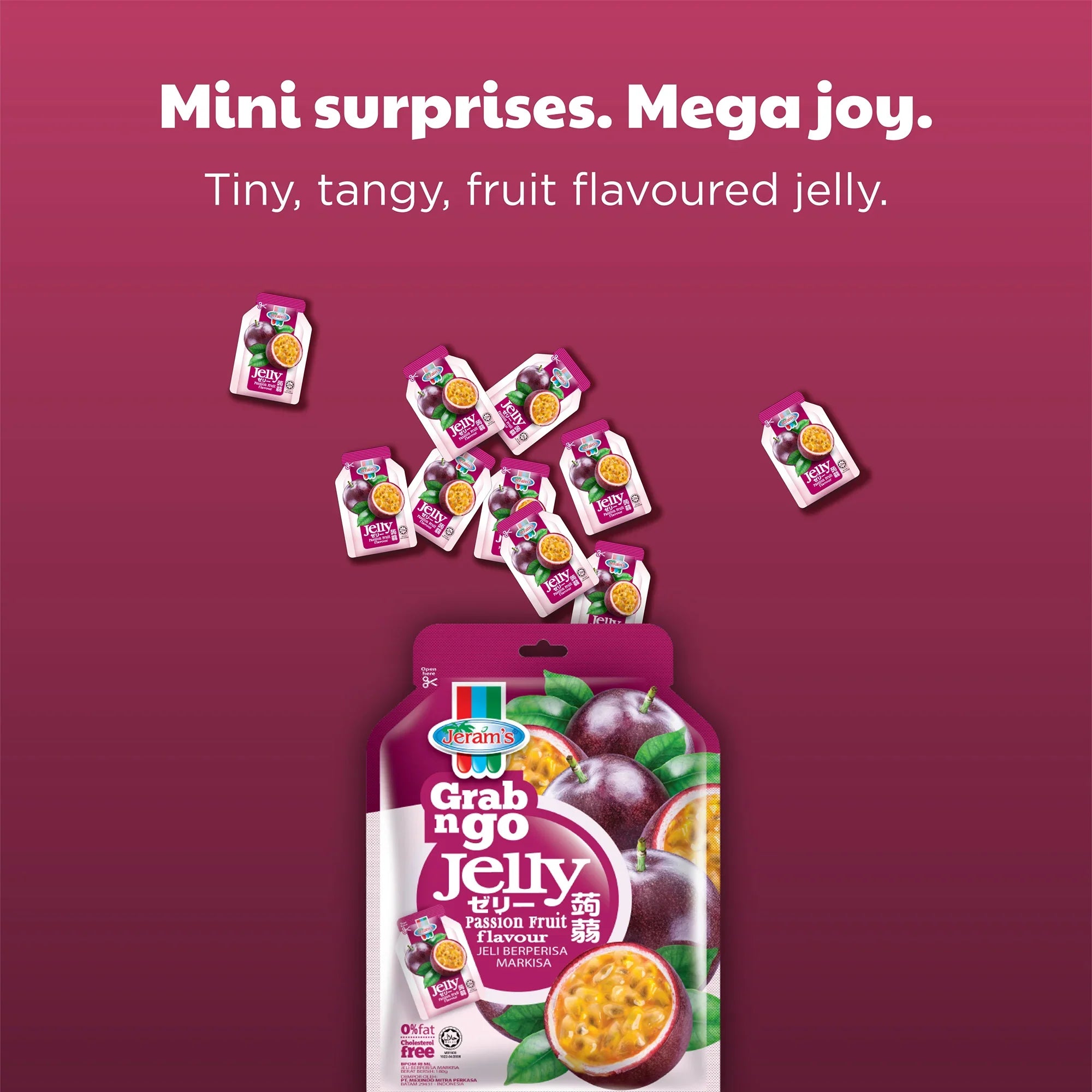 Passion fruit flavour jelly pouch with individual mini jelly packs and passionfruit imagery
