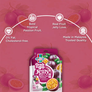 Grab n Go Passion Fruit Jelly pouch with passion fruit illustrations and product highlights