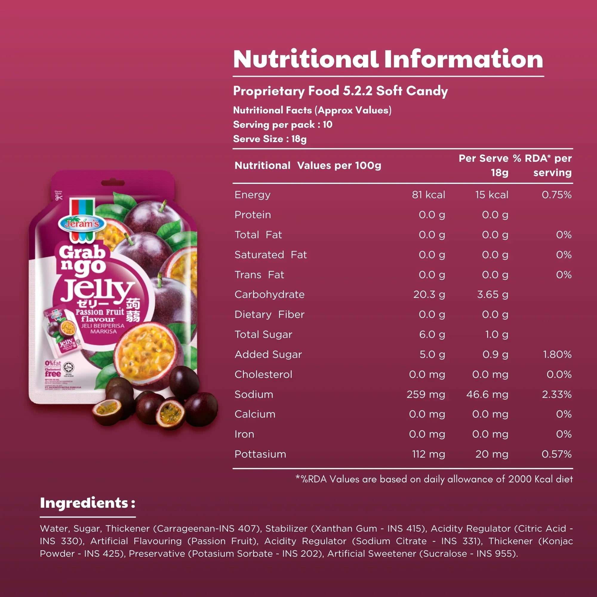 Jeram's Grab n Go passionfruit jelly soft candy pack with passion fruits and nutrition facts