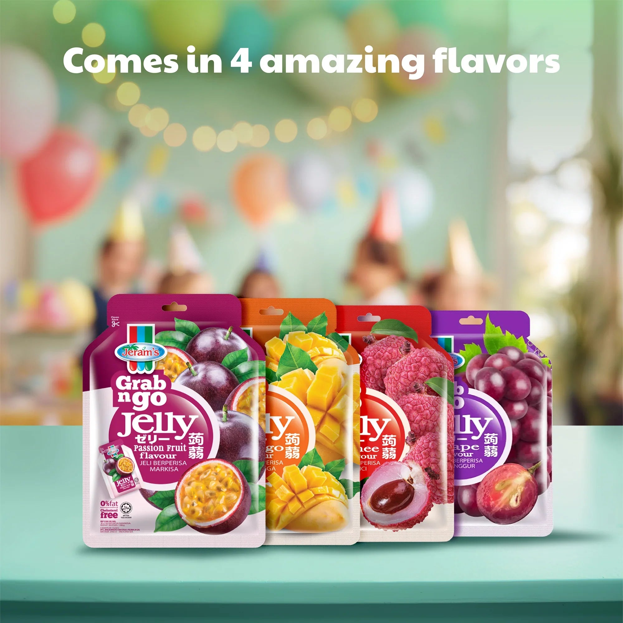 Assorted fruit jelly pouches in four flavors, displayed on a table at a party.