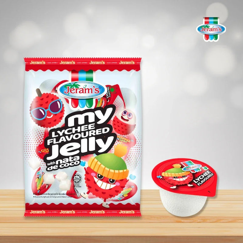 Jeram's my Lychee Flavoured Jelly packaging on a wooden surface with a light gray background