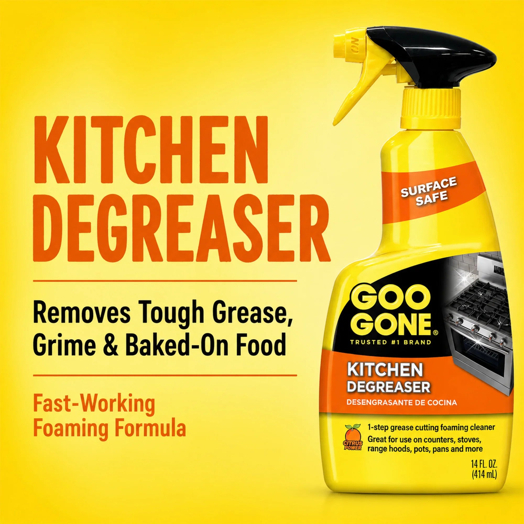 Goo Gone Kitchen Degreaser spray bottle with fast-acting foaming formula for grease and grime removal
