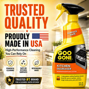 Goo Gone Kitchen Degreaser spray bottle, USA-made, surface-safe cleaner for stoves and counters