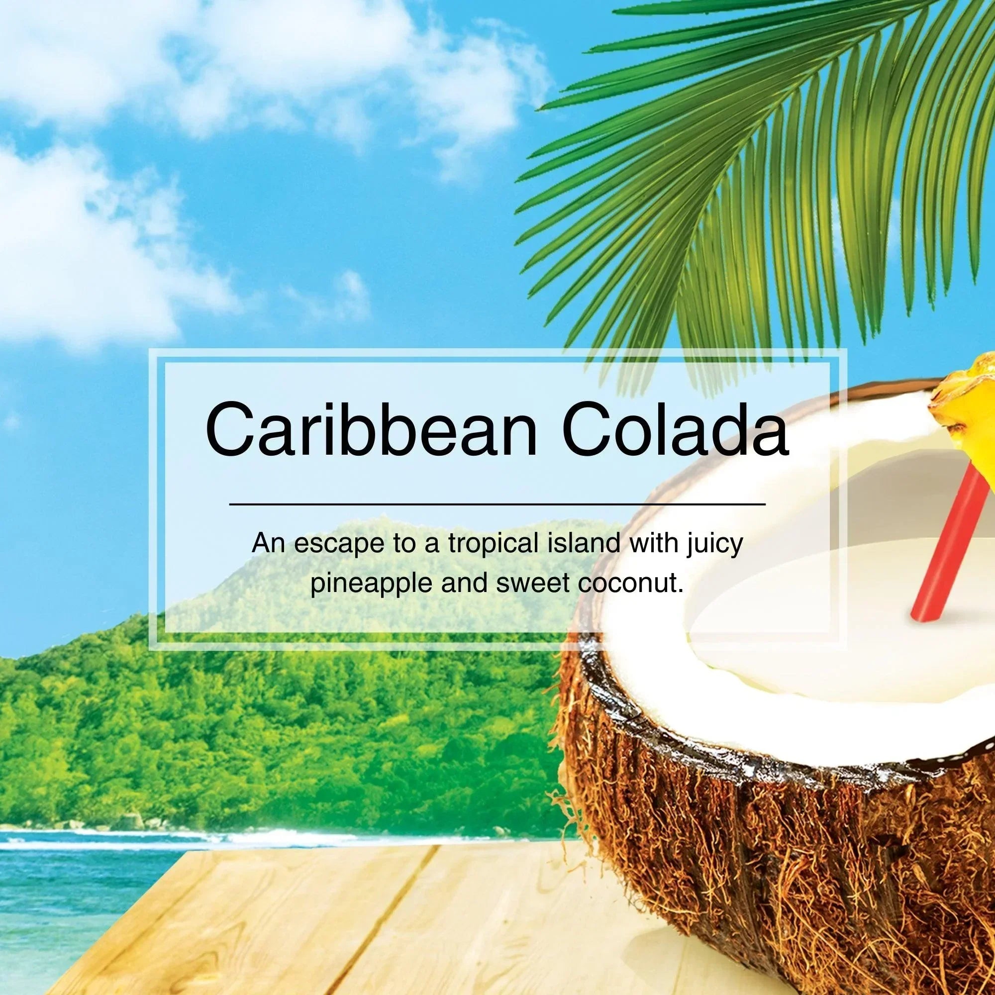 Coconut with a drink and pineapple on a tropical island background