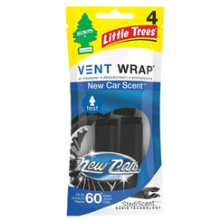 Little Trees Vent Wrap New Car Scent air freshener 4-pack, black vent clips in blue and yellow packaging