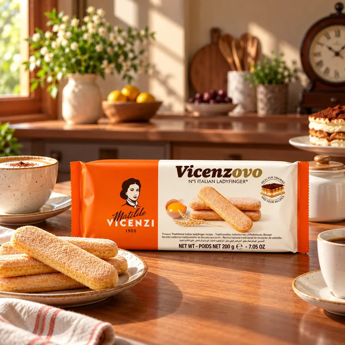 Matilde Vicenzi Vicenzovo Italian ladyfinger biscuits package and loose cookies on a wooden table.