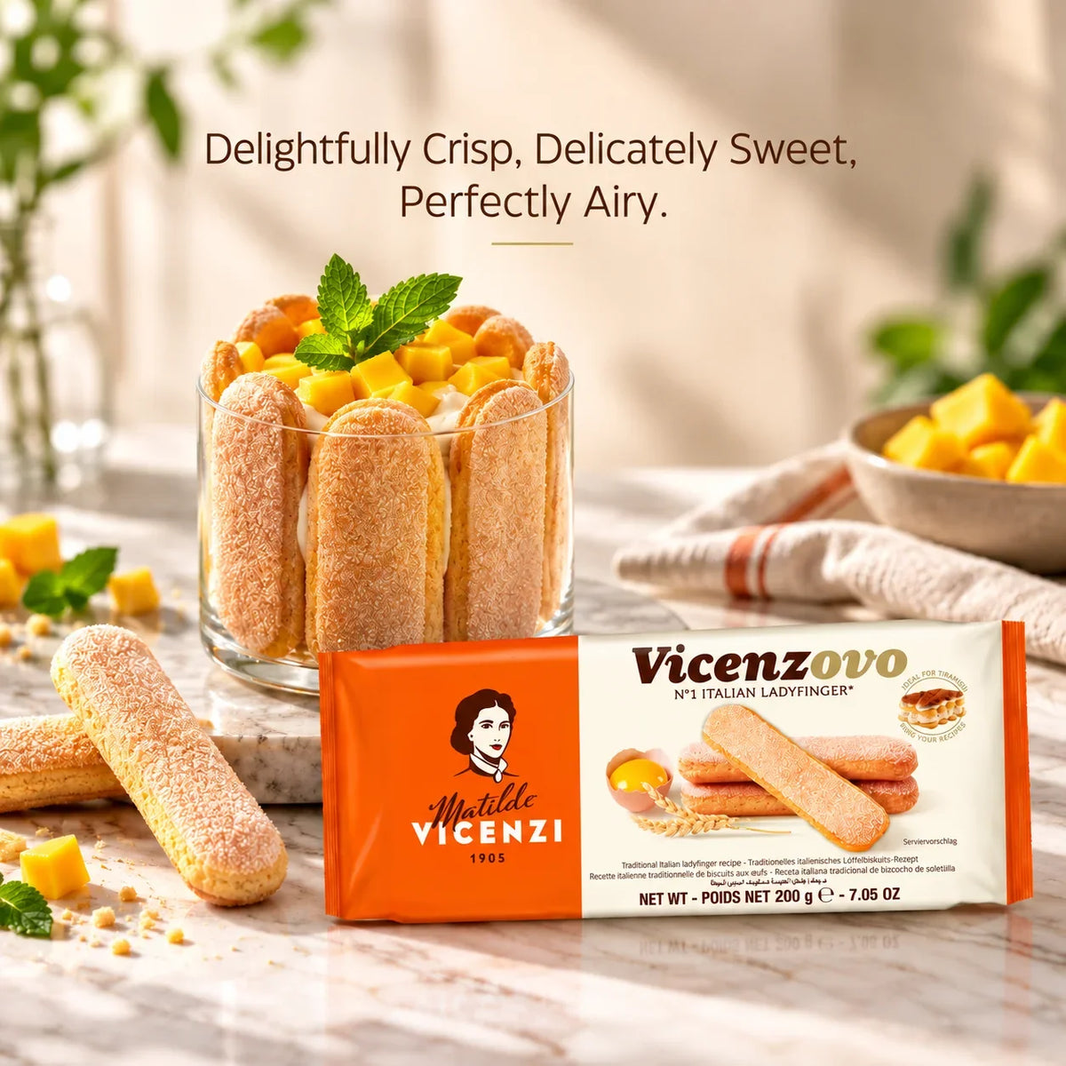 Vicenzovo Matilde Vicenzi Italian ladyfingers with a mango tiramisu dessert