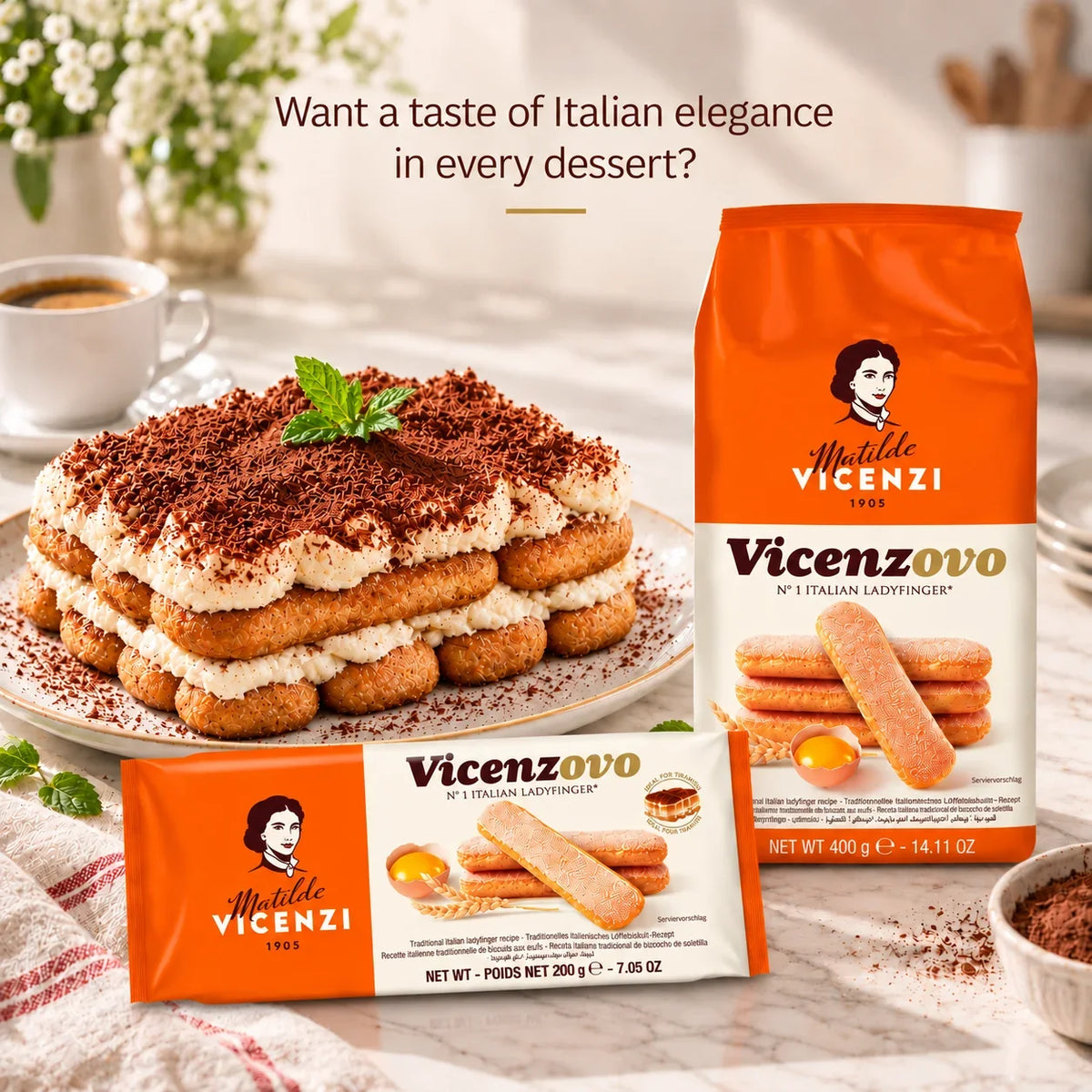 Vicenzovo ladyfinger biscuits and a layered tiramisu dessert on a white plate.