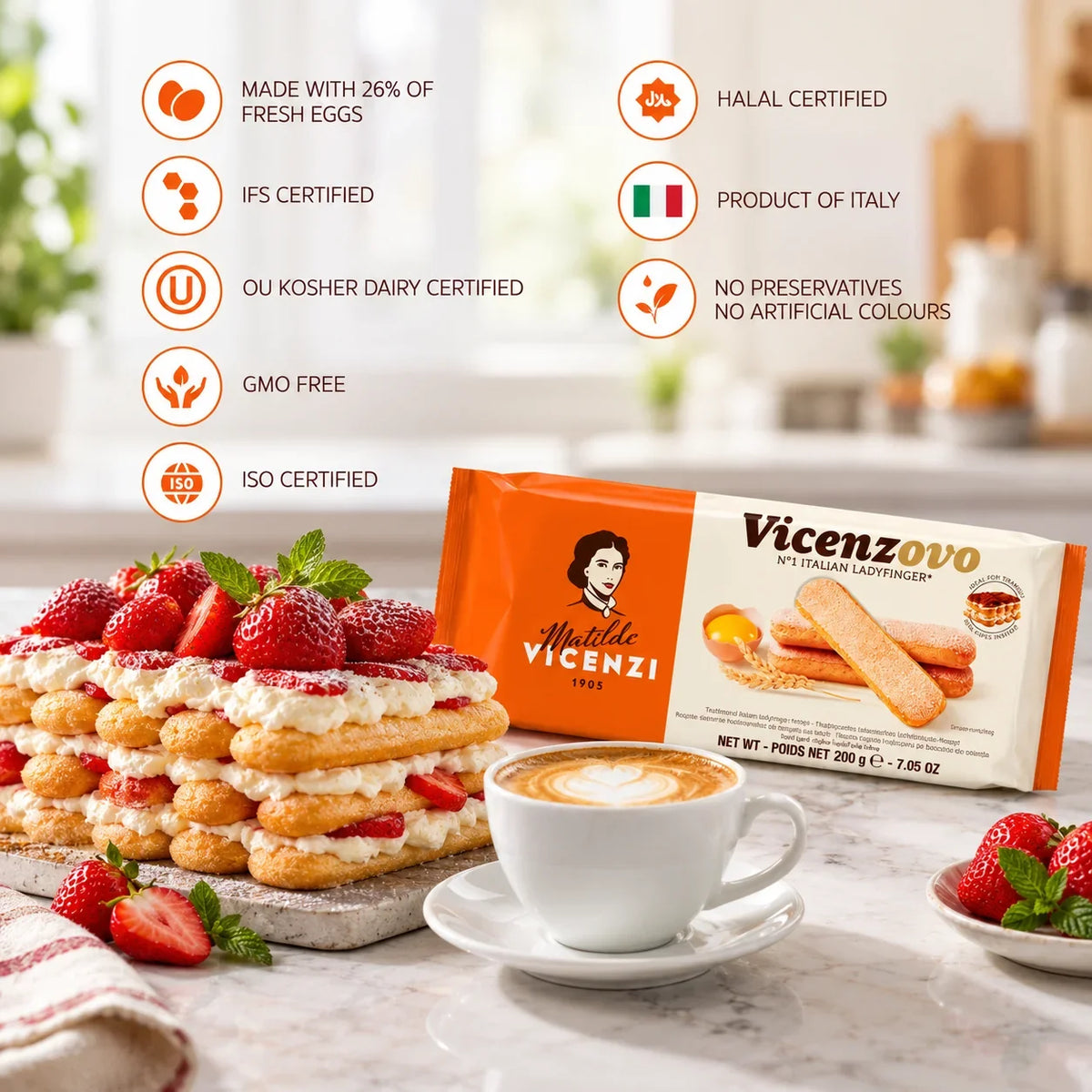 Matilde Vicenzi Vicenzovo Italian ladyfingers with a strawberry tiramisu cake and coffee.