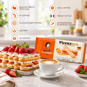 Matilde Vicenzi Vicenzovo Italian ladyfingers with a strawberry tiramisu cake and coffee.